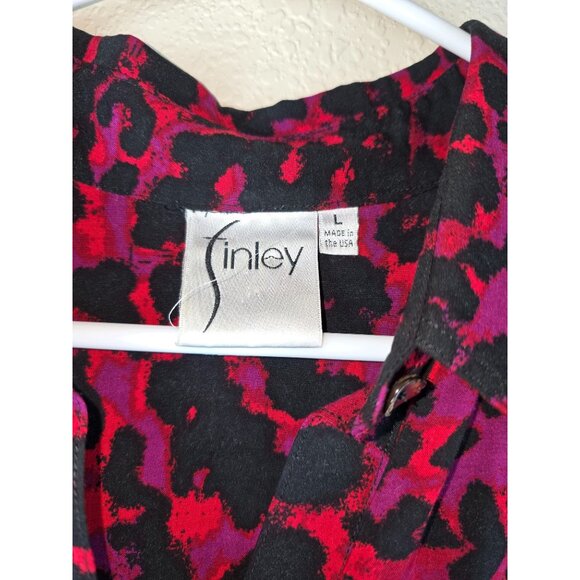 Finley Womens Leopard Print Button-Up Blouse L Red & Black Viscose Made In USA - Picture 3 of 6